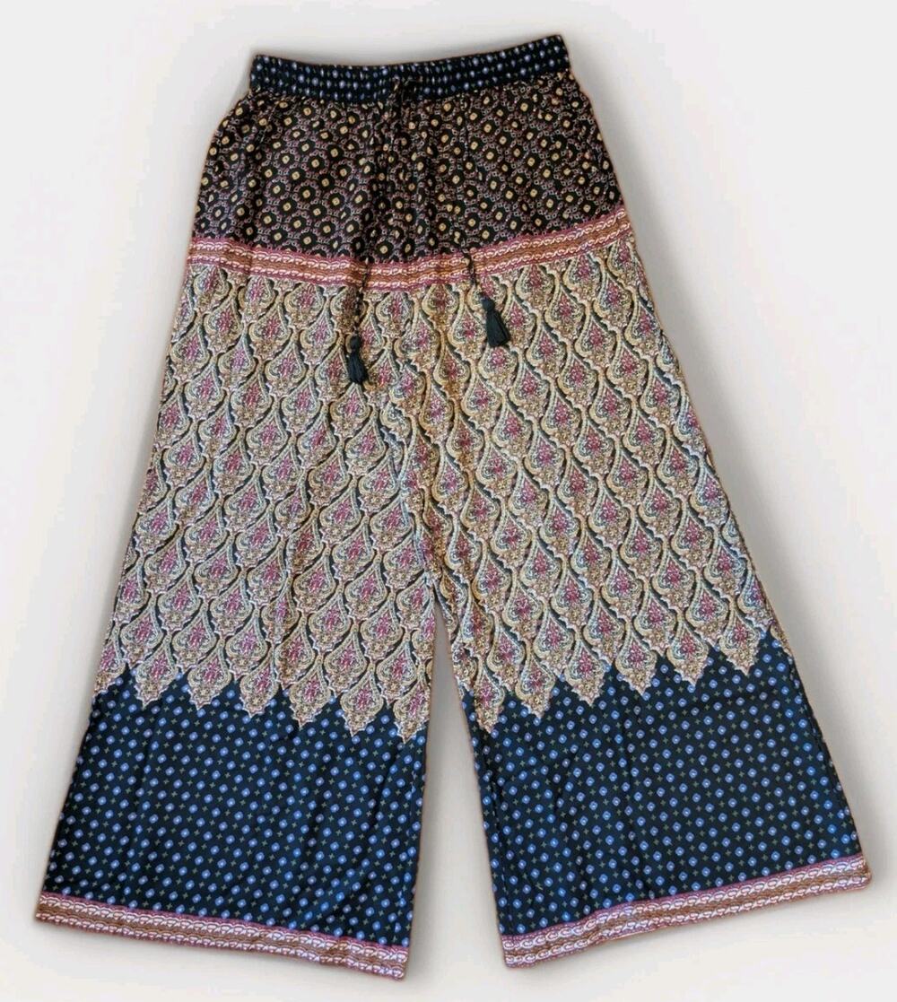 RAGA Womens L Boho Paisley Wide Leg Palazzo Pants Tassel Drawstring India